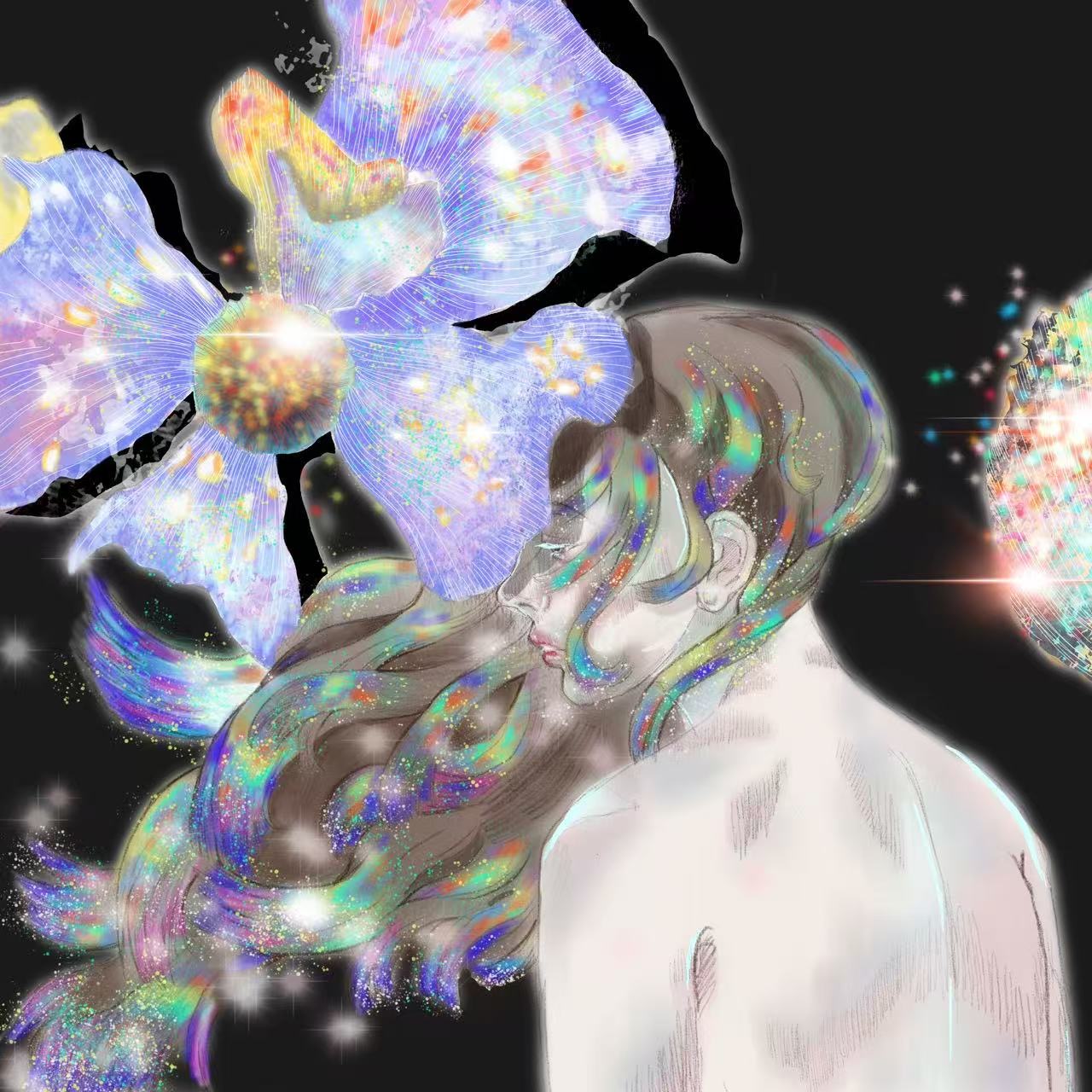 A luminous flower beside a figure with flowing iridescent hair.