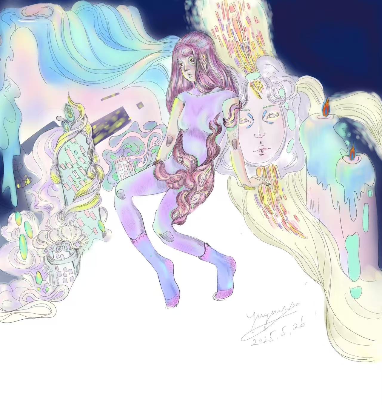 A pink-haired figure surrounded by pastel faces, candles, and flowing shapes.