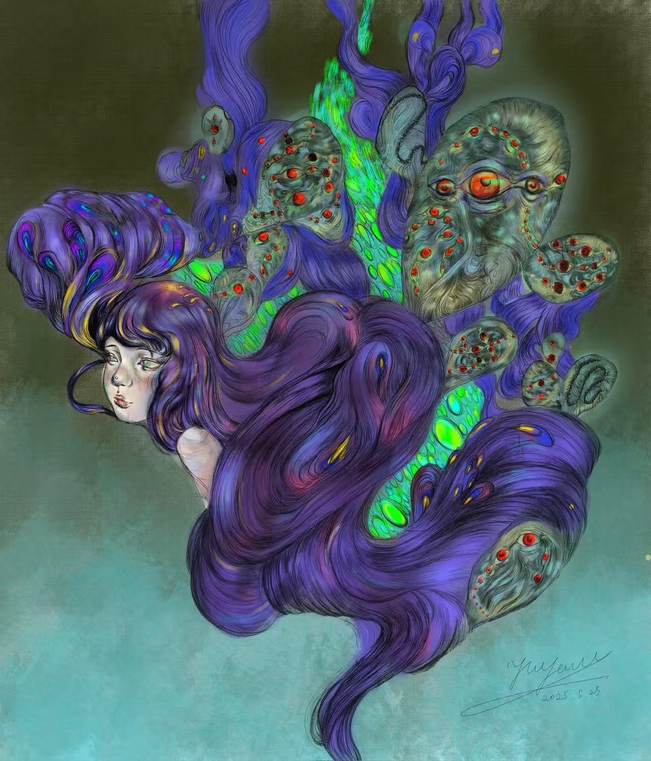 A figure with flowing purple hair amid green forms and orange eyes.