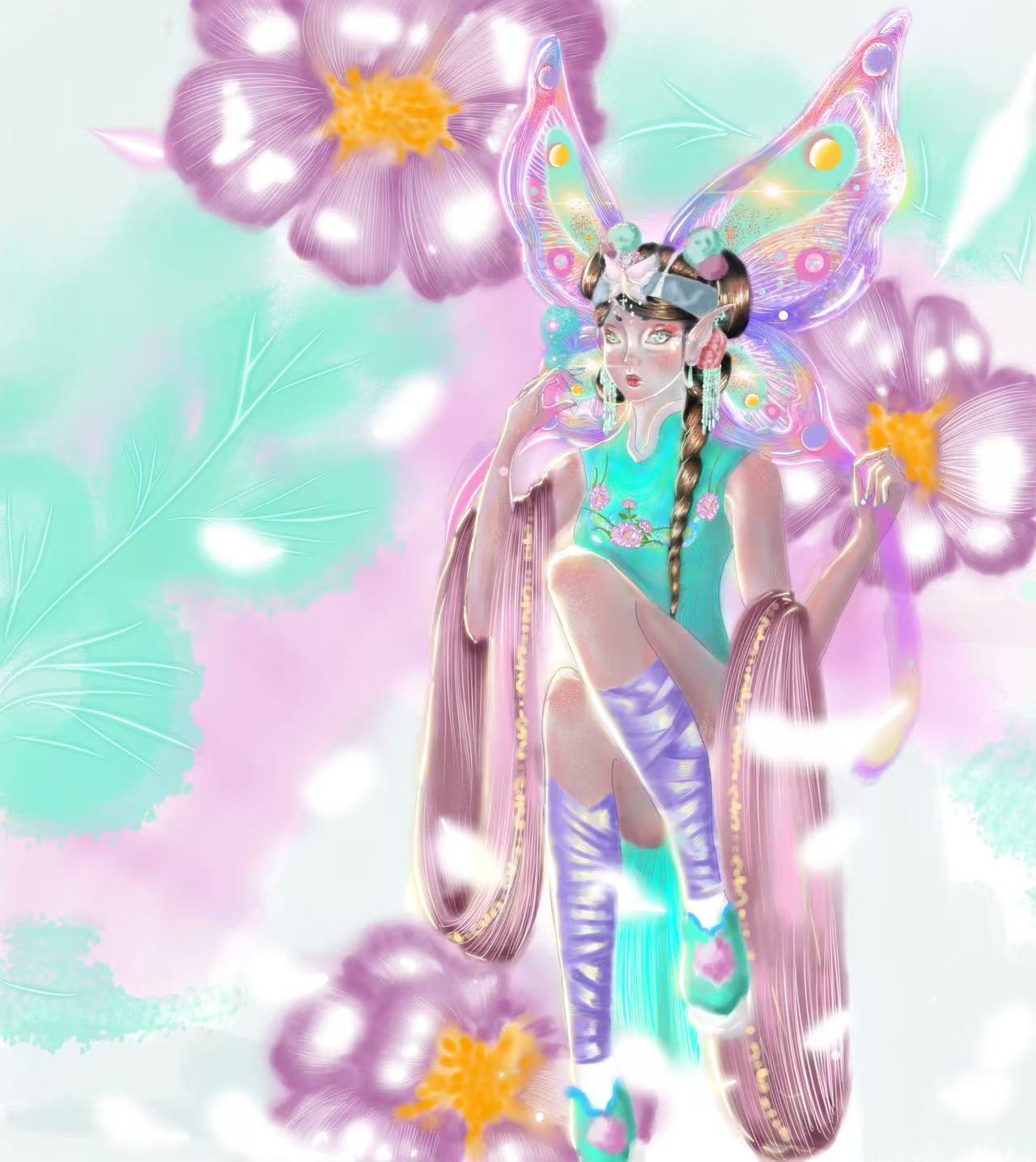 A figure with butterfly wings surrounded by pink flowers and mint-green light.